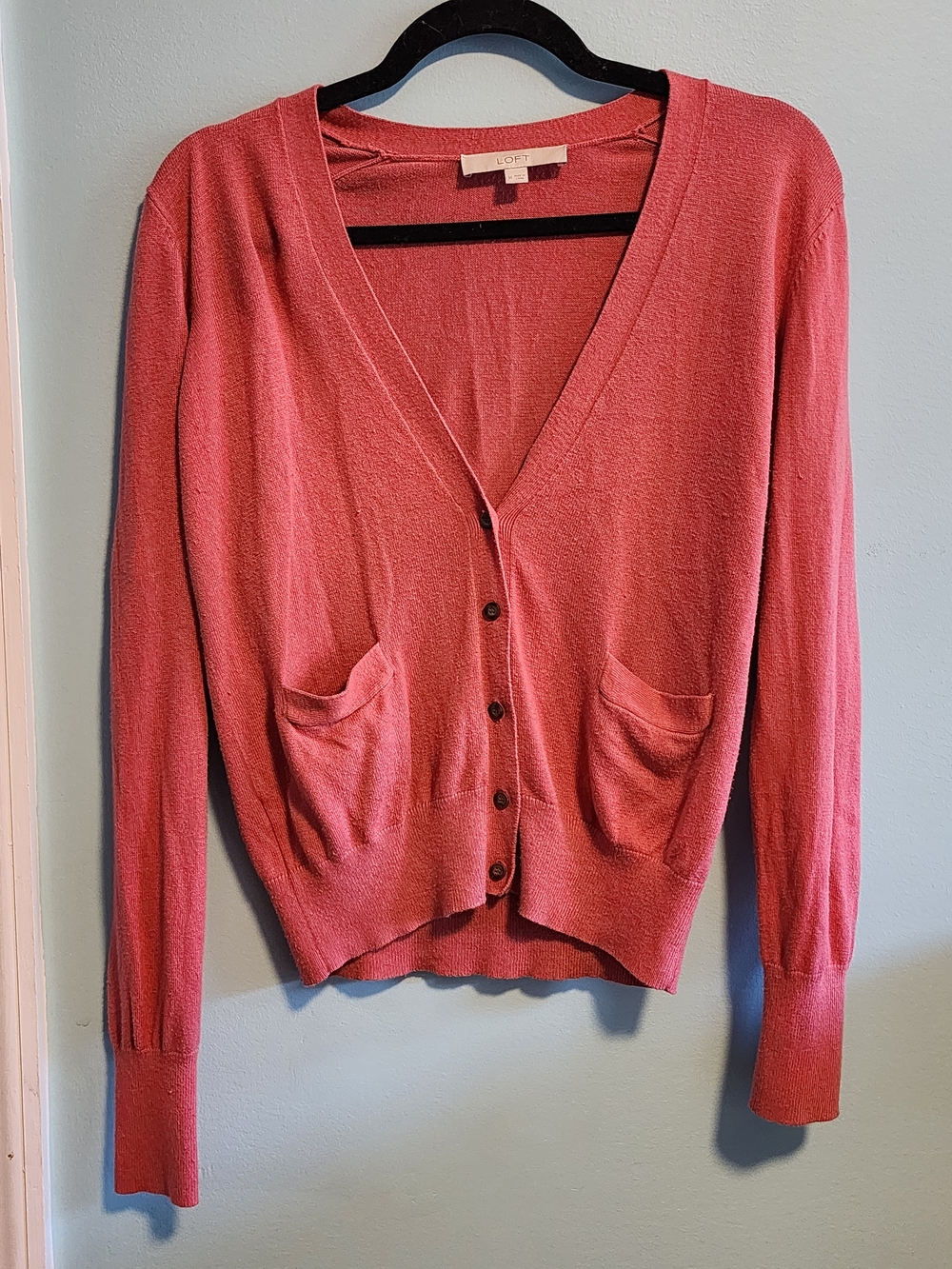 LOFT Coral Pink V-Neck Button Front Cardigan